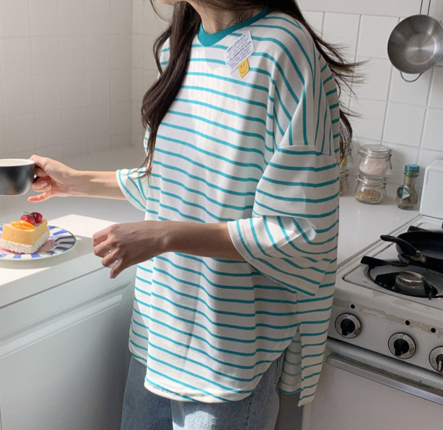 ✨😊 스마일 단가라 스트라이프 박스핏 반팔 티셔츠 루즈핏 빅사이즈 여유핏 데일리티 블랙 그레이 민트 Smile Stripe Oversized Boxy T-Shirt 😊✨