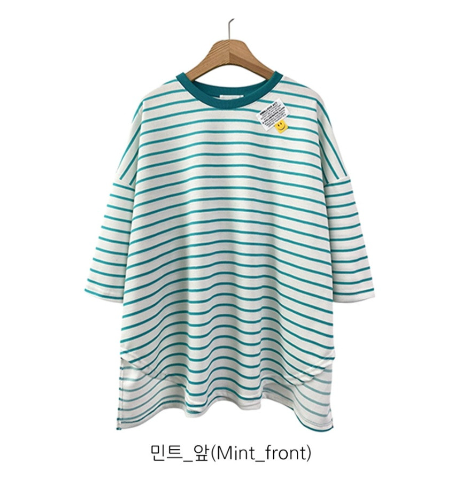 ✨😊 스마일 단가라 스트라이프 박스핏 반팔 티셔츠 루즈핏 빅사이즈 여유핏 데일리티 블랙 그레이 민트 Smile Stripe Oversized Boxy T-Shirt 😊✨