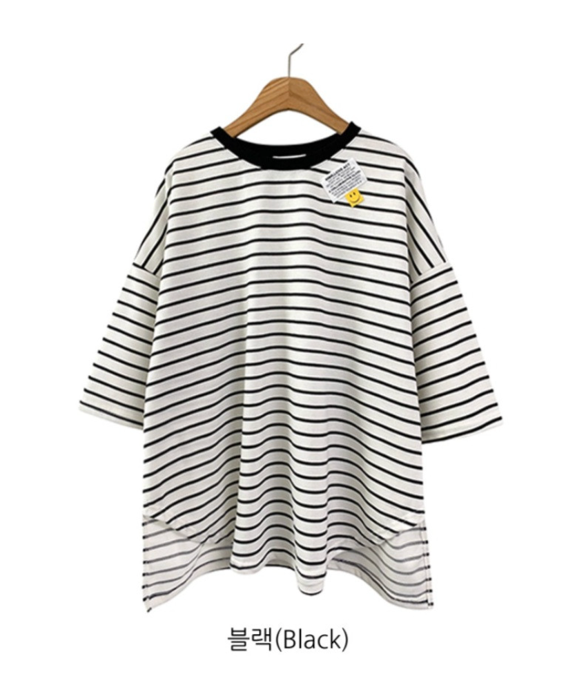✨😊 스마일 단가라 스트라이프 박스핏 반팔 티셔츠 루즈핏 빅사이즈 여유핏 데일리티 블랙 그레이 민트 Smile Stripe Oversized Boxy T-Shirt 😊✨