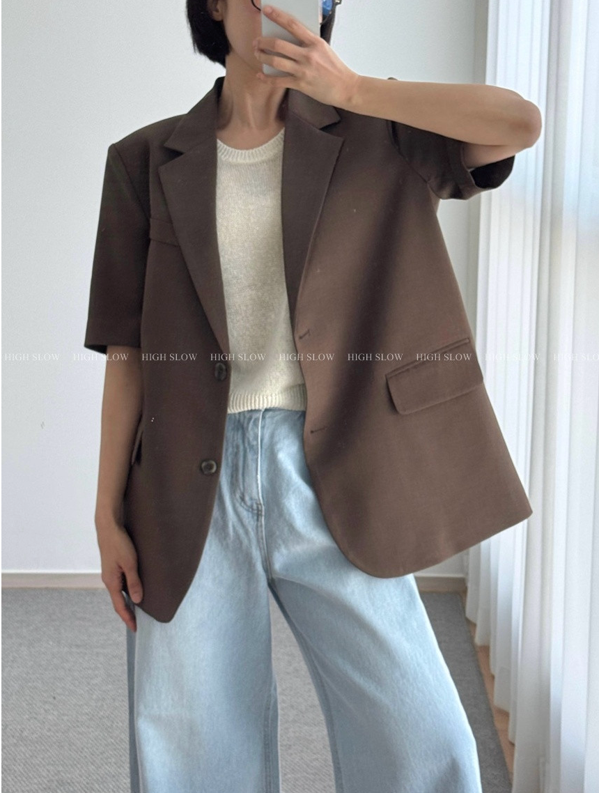 ✨🔥품절대란 여름버전[3-4주 배송예상🔥✨국내생산 헤이즈 반팔 트윌 백슬릿 사선트임 자켓🖤🤎🩶 슬림핏 오버 하프슬리브 자켓 / HEIZE Short Sleeve Twill Back-Slit Jacket