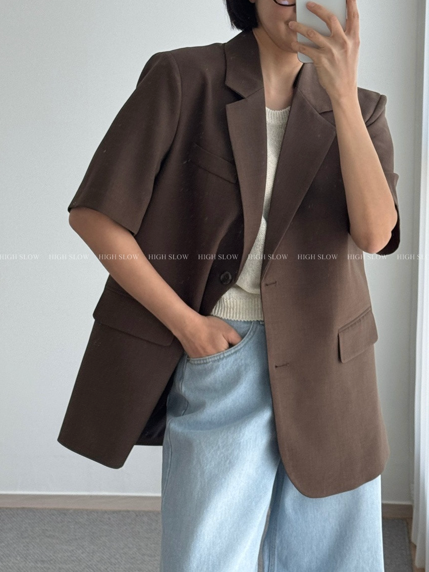 ✨🔥품절대란 여름버전[3-4주 배송예상🔥✨국내생산 헤이즈 반팔 트윌 백슬릿 사선트임 자켓🖤🤎🩶 슬림핏 오버 하프슬리브 자켓 / HEIZE Short Sleeve Twill Back-Slit Jacket