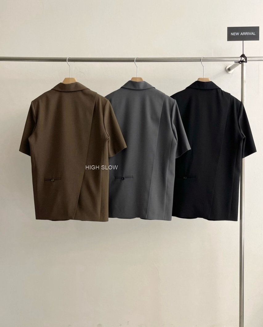 ✨🔥품절대란 여름버전[3-4주 배송예상🔥✨국내생산 헤이즈 반팔 트윌 백슬릿 사선트임 자켓🖤🤎🩶 슬림핏 오버 하프슬리브 자켓 / HEIZE Short Sleeve Twill Back-Slit Jacket