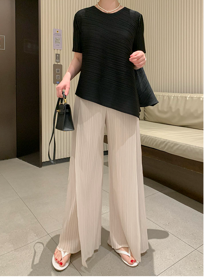 ✨대란템 앞절개 플리츠 와이드 팬츠 체형커버 밴딩팬츠 여름 냉감 플리츠 슬랙스 세련된 롱다리핏 데일리룩 출근룩 여행룩 Pleated Front-Slit Wide Leg Pants Cooling Stretch Waistband Casual Dress Pants✨