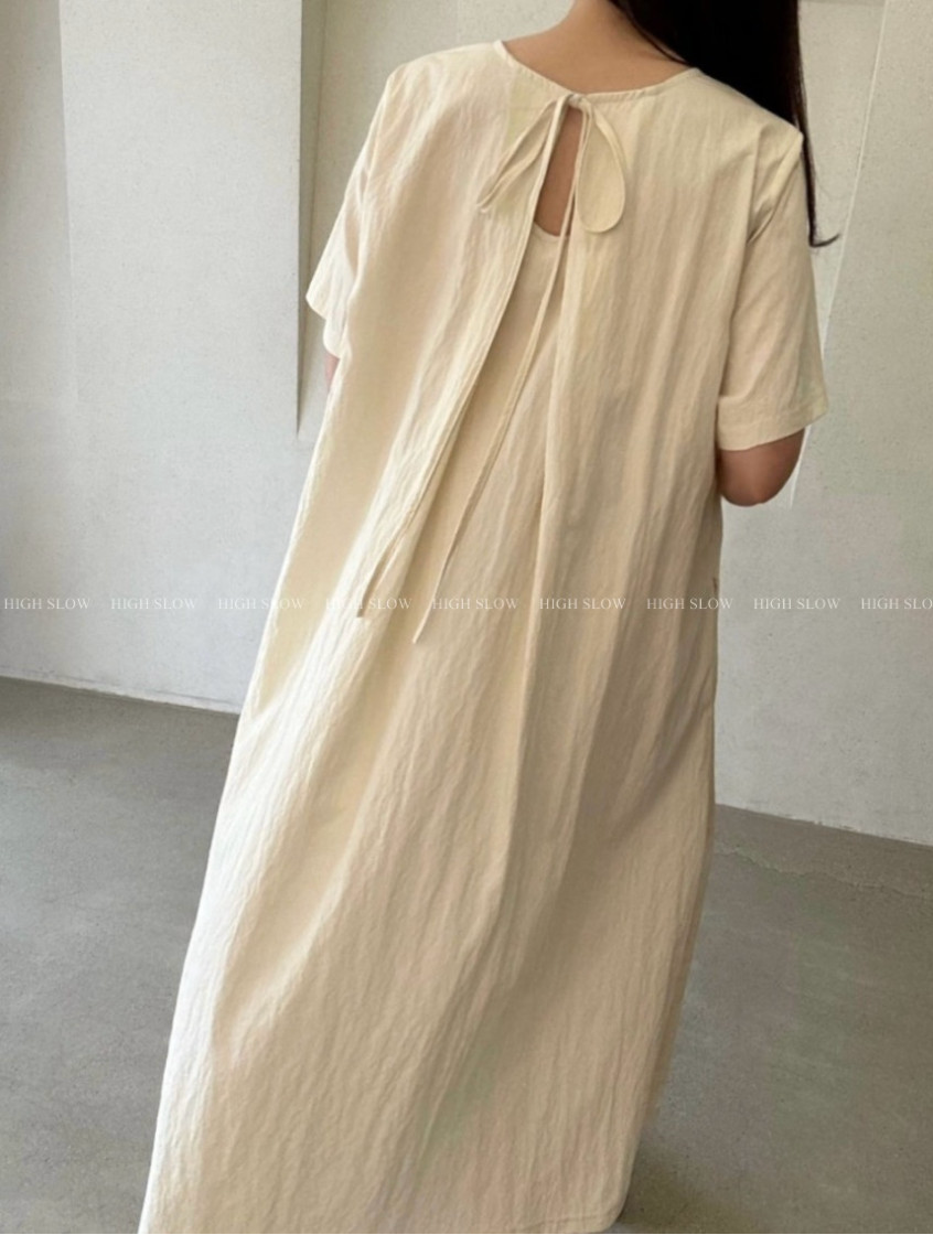 [77-88까지]🌿노리타 리사 백리본 원피스 Norita Lisa Back Ribbon Maxi Dress | Cooling Rayon Nylon Fabric · Loose A-Line Fit · Elegant Minimal Summer Dress · Premium Korean Style✨