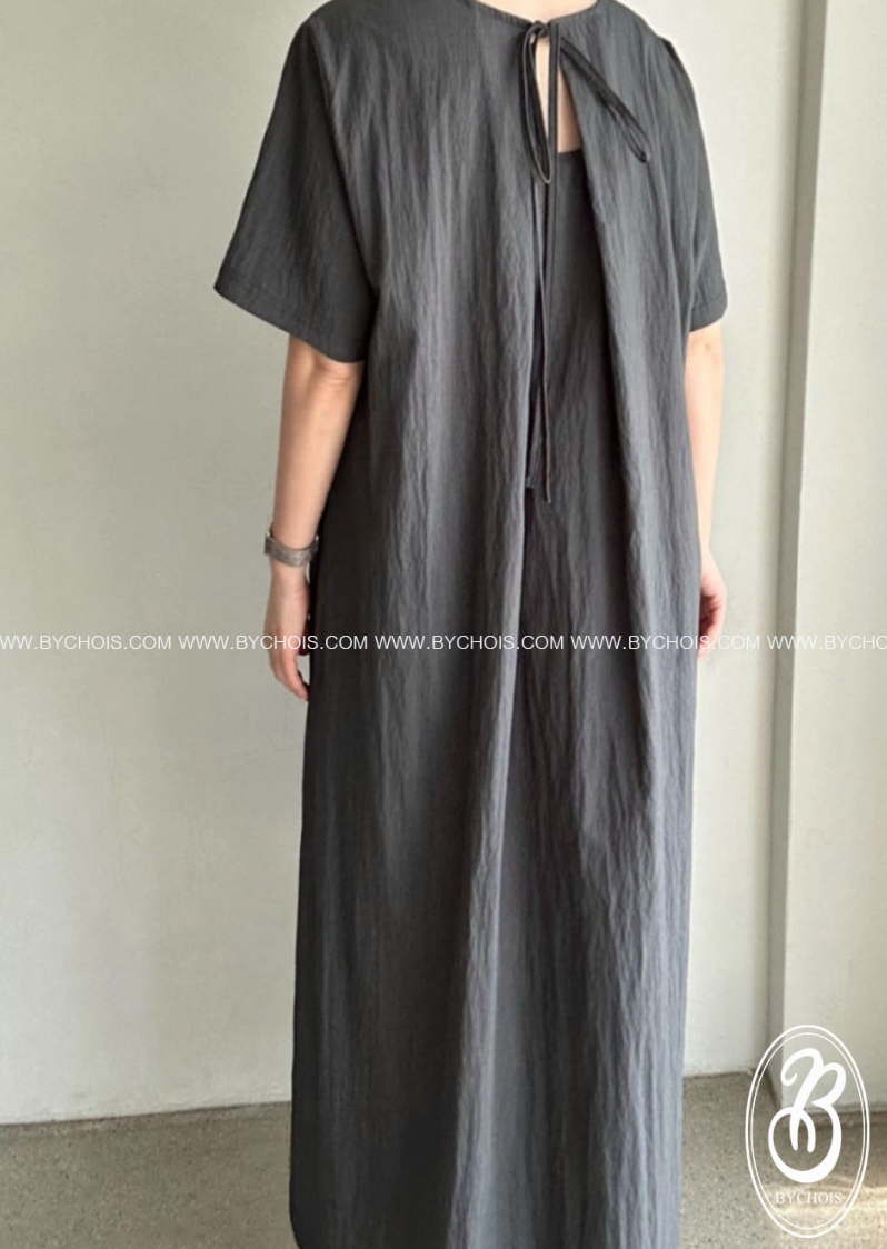 [77-88까지]🌿노리타 리사 백리본 원피스 Norita Lisa Back Ribbon Maxi Dress | Cooling Rayon Nylon Fabric · Loose A-Line Fit · Elegant Minimal Summer Dress · Premium Korean Style✨