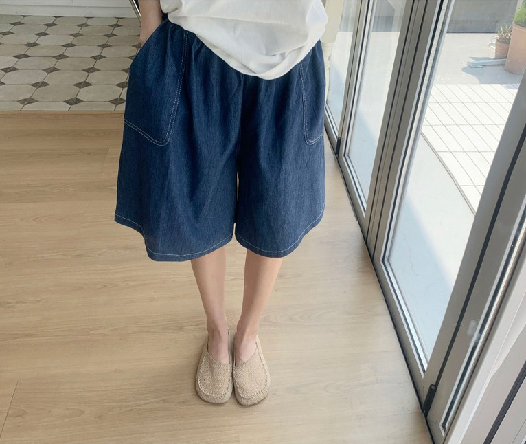 ❄️[88까지가능][너무편한 데님반바지]🔥 입는 순간 교복 예약! 허리밴딩 스티치 데님 5부 팬츠 Easy Denim Culotte Shorts