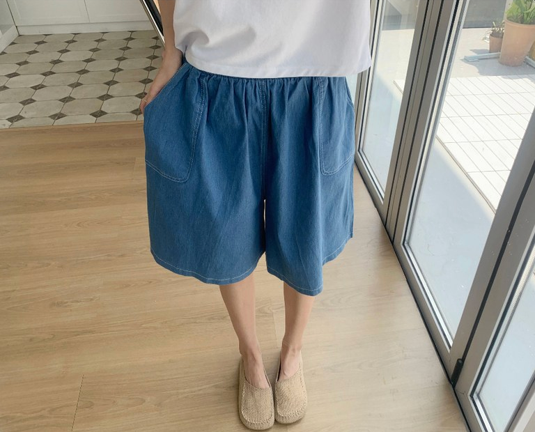 ❄️[88까지가능][너무편한 데님반바지]🔥 입는 순간 교복 예약! 허리밴딩 스티치 데님 5부 팬츠 Easy Denim Culotte Shorts