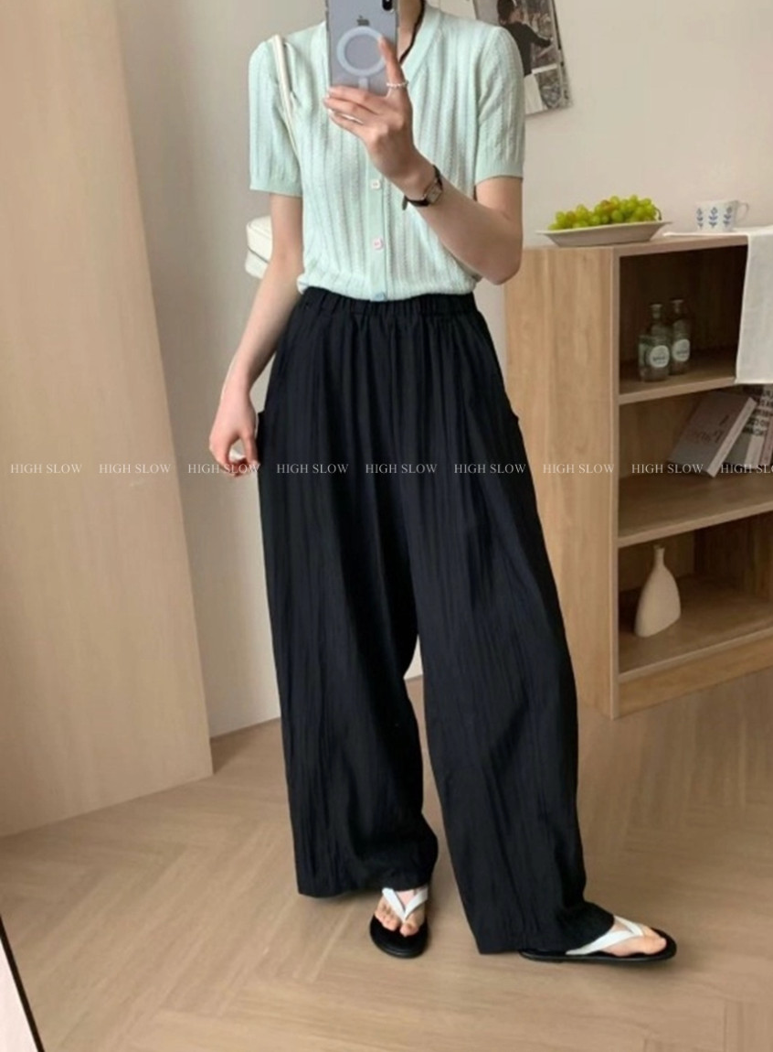 🌿 데이 바스락 밴딩 와이드 팬츠 여름 냉감 와이드 통바지 데일리룩 휴가룩 롱팬츠 Day Cooling Wide Leg Crinkle Pants