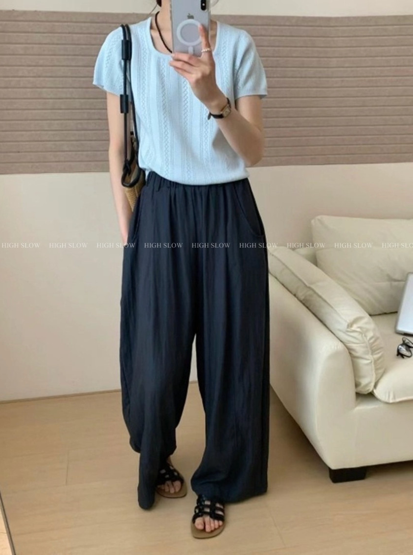🌿 데이 바스락 밴딩 와이드 팬츠 여름 냉감 와이드 통바지 데일리룩 휴가룩 롱팬츠 Day Cooling Wide Leg Crinkle Pants