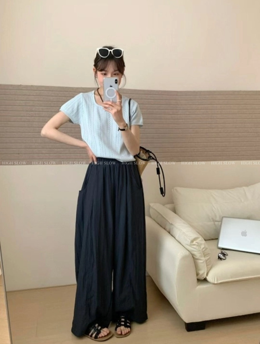 🌿 데이 바스락 밴딩 와이드 팬츠 여름 냉감 와이드 통바지 데일리룩 휴가룩 롱팬츠 Day Cooling Wide Leg Crinkle Pants