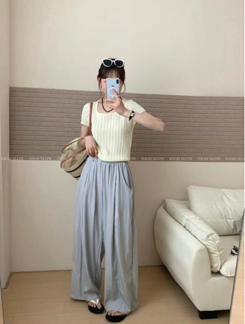 🌿 데이 바스락 밴딩 와이드 팬츠 여름 냉감 와이드 통바지 데일리룩 휴가룩 롱팬츠 Day Cooling Wide Leg Crinkle Pants