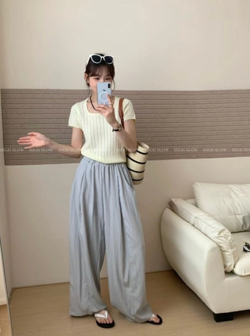 🌿 데이 바스락 밴딩 와이드 팬츠 여름 냉감 와이드 통바지 데일리룩 휴가룩 롱팬츠 Day Cooling Wide Leg Crinkle Pants