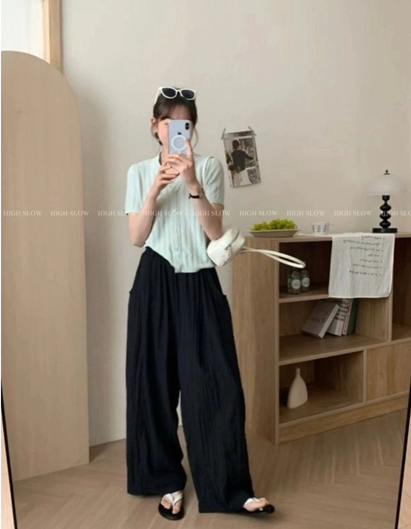 🌿 데이 바스락 밴딩 와이드 팬츠 여름 냉감 와이드 통바지 데일리룩 휴가룩 롱팬츠 Day Cooling Wide Leg Crinkle Pants