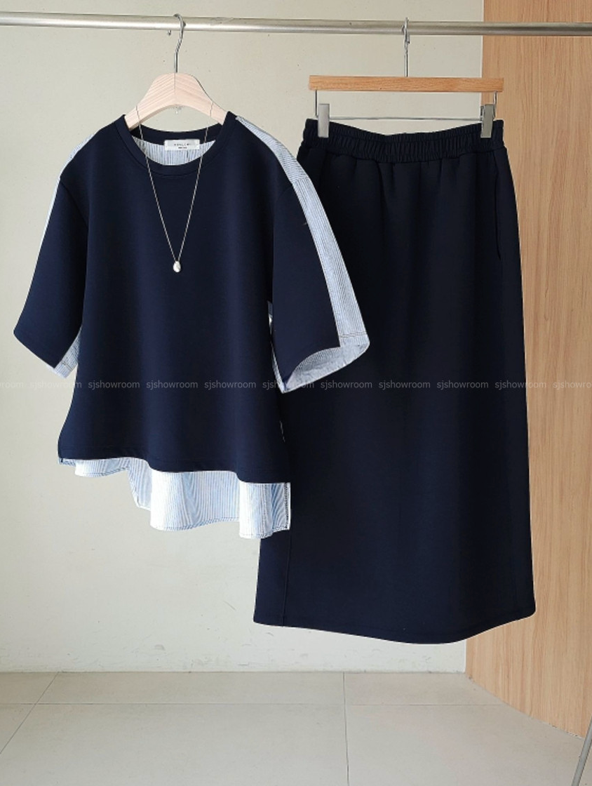 🌸 토리 배색 백포인트 스커트 세트 우아한 투피스 셋업 밴딩 스커트 세트 Tori Contrast Back Detail Skirt Set