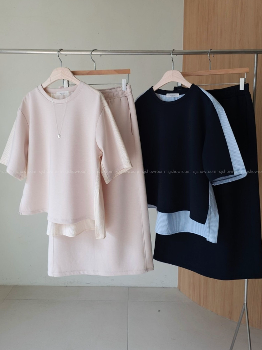 🌸 토리 배색 백포인트 스커트 세트 우아한 투피스 셋업 밴딩 스커트 세트 Tori Contrast Back Detail Skirt Set
