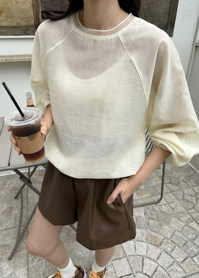 [77까지][3주소요]✨🌿 한국 대유행 린넨 오간자 시스루 맨투맨 여성 루즈핏 여름 블라우스 체형커버 데일리룩 Summer Linen Organza Sheer Sweatshirt
