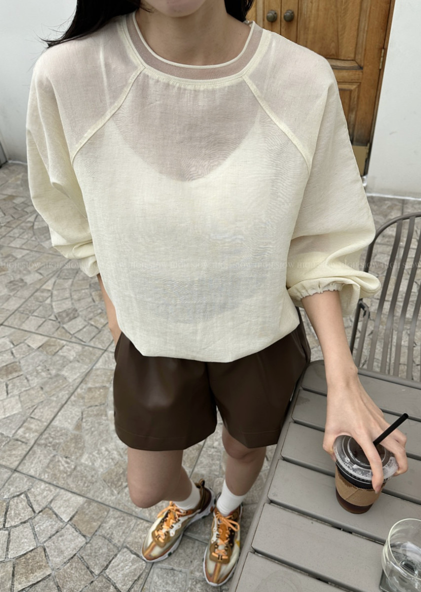 [77까지][3주소요]✨🌿 한국 대유행 린넨 오간자 시스루 맨투맨 여성 루즈핏 여름 블라우스 체형커버 데일리룩 Summer Linen Organza Sheer Sweatshirt
