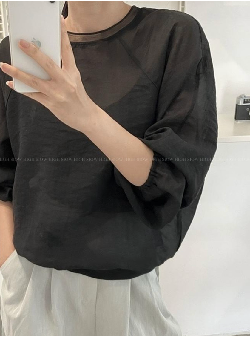 [77까지][3주소요]✨🌿 한국 대유행 린넨 오간자 시스루 맨투맨 여성 루즈핏 여름 블라우스 체형커버 데일리룩 Summer Linen Organza Sheer Sweatshirt