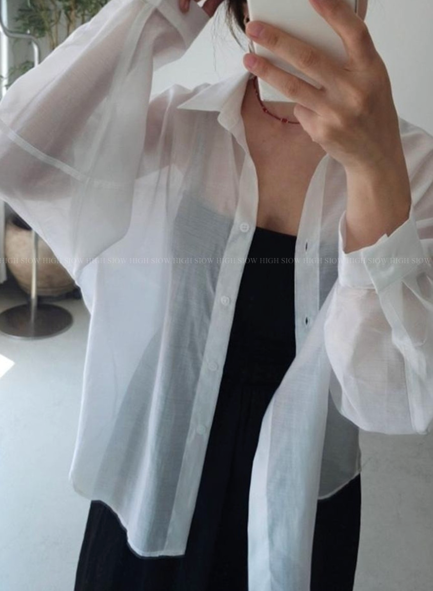 [77까지][3주예상][품절대란]✨ 국내생산 프리미엄 벌룬 시스루 텐셀 셔츠 블라우스 여름 아우터 체형커버 루즈핏 셔츠 Premium Balloon Sheer Tencel Shirt Blouse