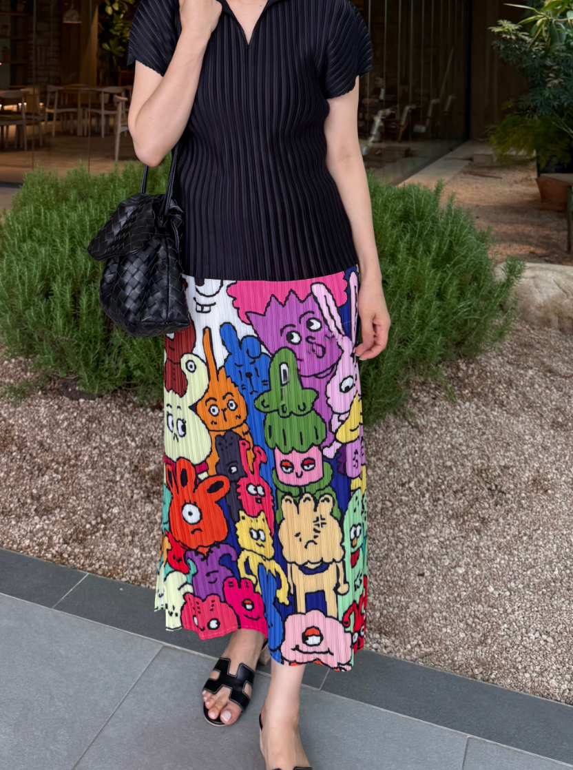 🧸하나만 입어도 스타일 완성! 유니크 팝아트 플리츠 롱스커트 Unique Pop Art Pleated Long Skirt