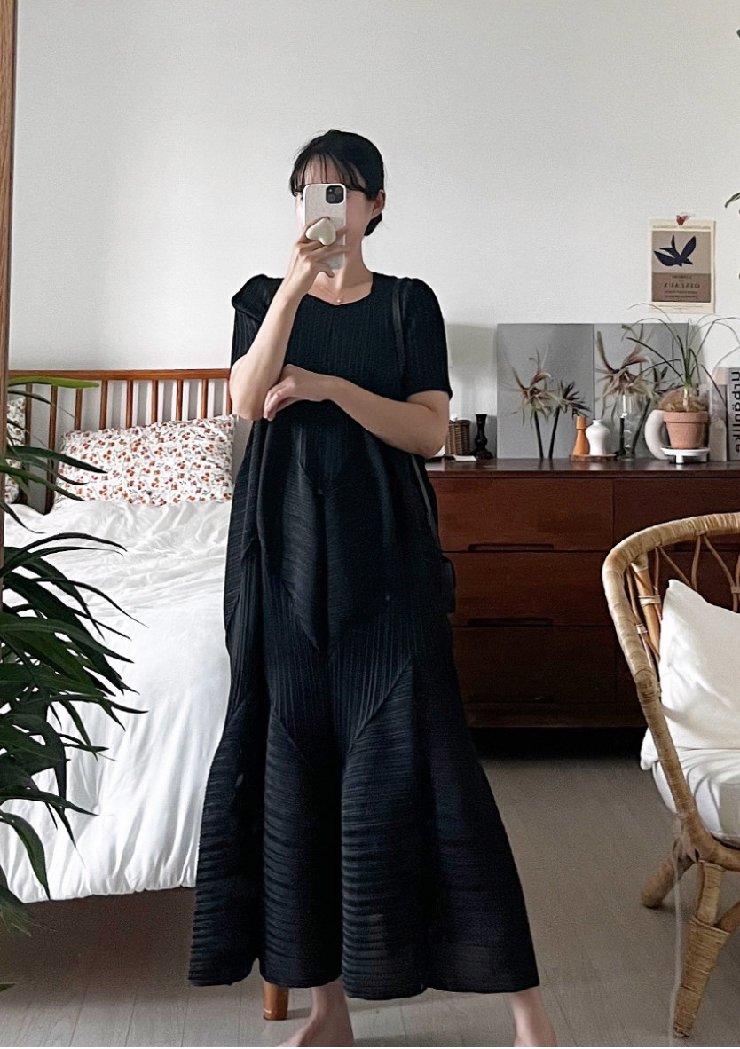 ✨ [77-88까지 가능] 드레이프 기하 플리츠 원피스 · 체형커버 플리츠 롱원피스 · 우아한 A라인 · 포켓원피스 · 교회룩 · 모임룩 · 여행룩 | Drape Geometric Pleated Dress