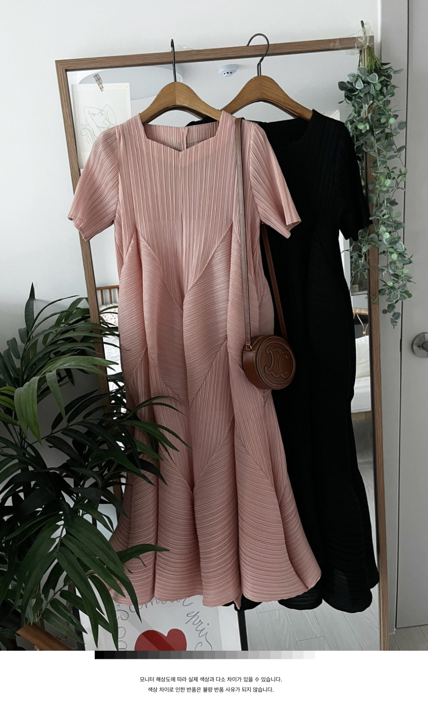 ✨ [77-88까지 가능] 드레이프 기하 플리츠 원피스 · 체형커버 플리츠 롱원피스 · 우아한 A라인 · 포켓원피스 · 교회룩 · 모임룩 · 여행룩 | Drape Geometric Pleated Dress