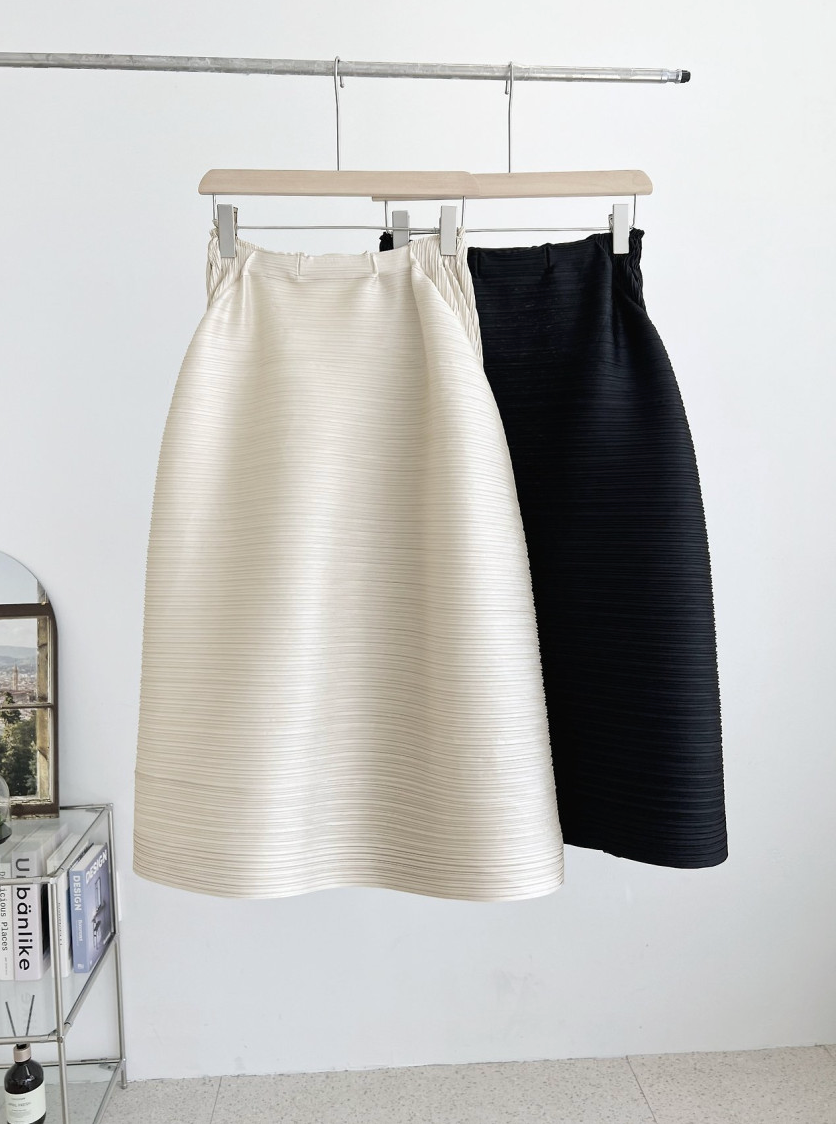 🏺 [88가능]프리미엄 돋보적 입체 가로 플리츠 항아리 벌룬 미디 스커트 │ Sculpted Horizontal Pleated Balloon Midi Skirt with Tummy Control · 체형커버 · 밴딩허리 · 우아한 볼륨핏 · 88까지 추천
