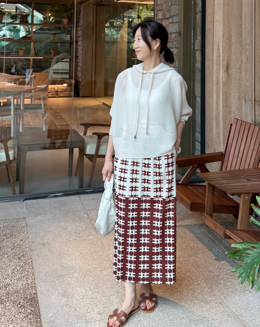 🌺 [88까지가능] 유니크 초코 프린트 플리츠 롱스커트 │ Unique Chocolate Print Pleated Long Skirt with Side Pockets · 체형커버 · 세로주름 · 밴딩허리 · 88까지 추천