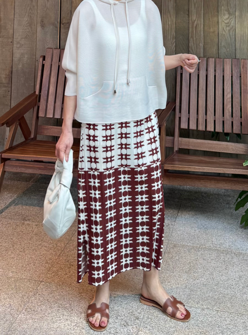 🌺 [88까지가능] 유니크 초코 프린트 플리츠 롱스커트 │ Unique Chocolate Print Pleated Long Skirt with Side Pockets · 체형커버 · 세로주름 · 밴딩허리 · 88까지 추천