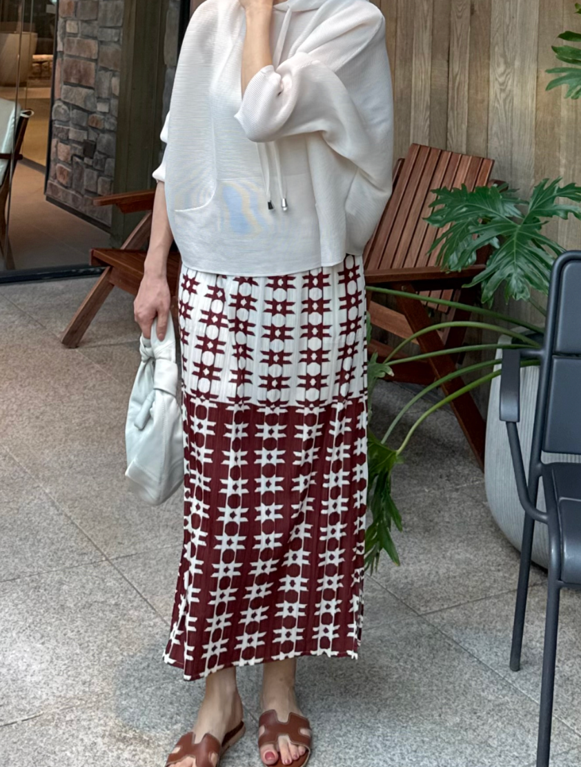 🌺 [88까지가능] 유니크 초코 프린트 플리츠 롱스커트 │ Unique Chocolate Print Pleated Long Skirt with Side Pockets · 체형커버 · 세로주름 · 밴딩허리 · 88까지 추천