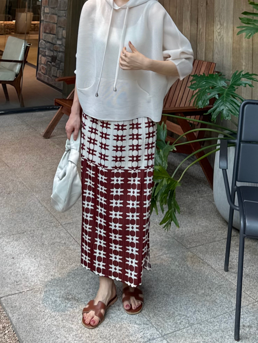 🌺 [88까지가능] 유니크 초코 프린트 플리츠 롱스커트 │ Unique Chocolate Print Pleated Long Skirt with Side Pockets · 체형커버 · 세로주름 · 밴딩허리 · 88까지 추천