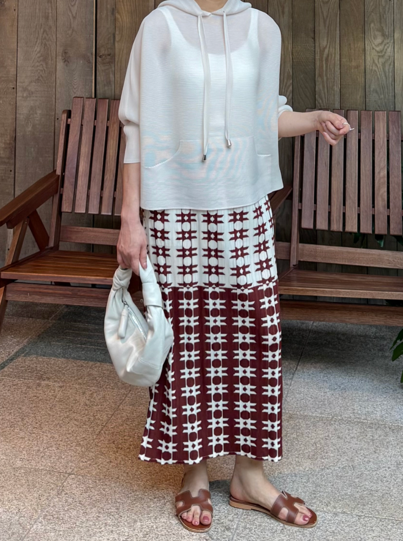 🌺 [88까지가능] 유니크 초코 프린트 플리츠 롱스커트 │ Unique Chocolate Print Pleated Long Skirt with Side Pockets · 체형커버 · 세로주름 · 밴딩허리 · 88까지 추천