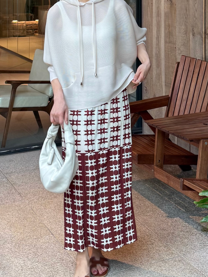 🌺 [88까지가능] 유니크 초코 프린트 플리츠 롱스커트 │ Unique Chocolate Print Pleated Long Skirt with Side Pockets · 체형커버 · 세로주름 · 밴딩허리 · 88까지 추천
