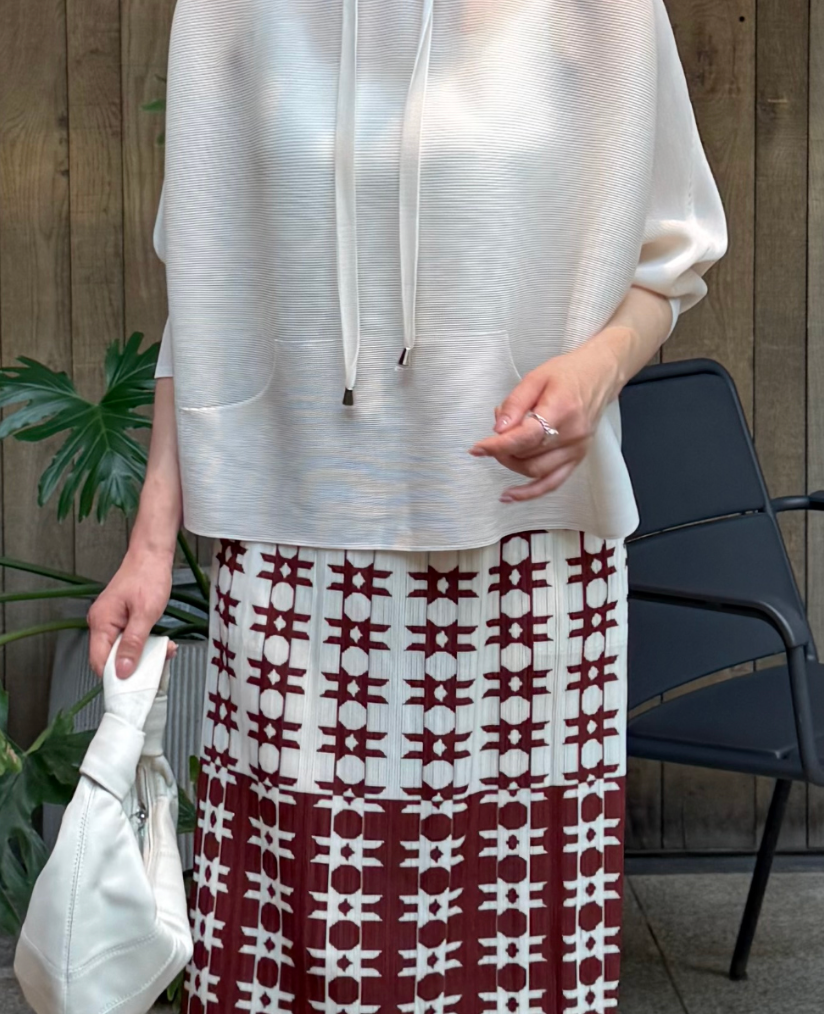 🌺 [88까지가능] 유니크 초코 프린트 플리츠 롱스커트 │ Unique Chocolate Print Pleated Long Skirt with Side Pockets · 체형커버 · 세로주름 · 밴딩허리 · 88까지 추천