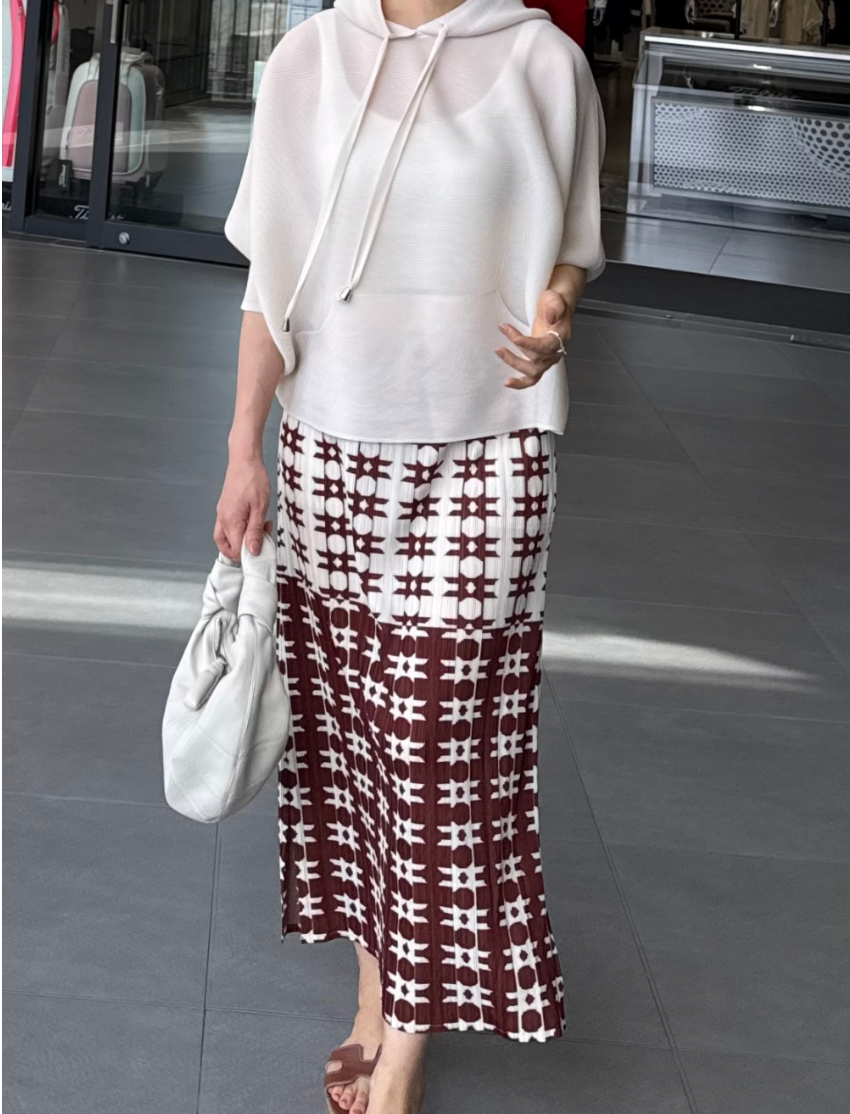 🌺 [88까지가능] 유니크 초코 프린트 플리츠 롱스커트 │ Unique Chocolate Print Pleated Long Skirt with Side Pockets · 체형커버 · 세로주름 · 밴딩허리 · 88까지 추천