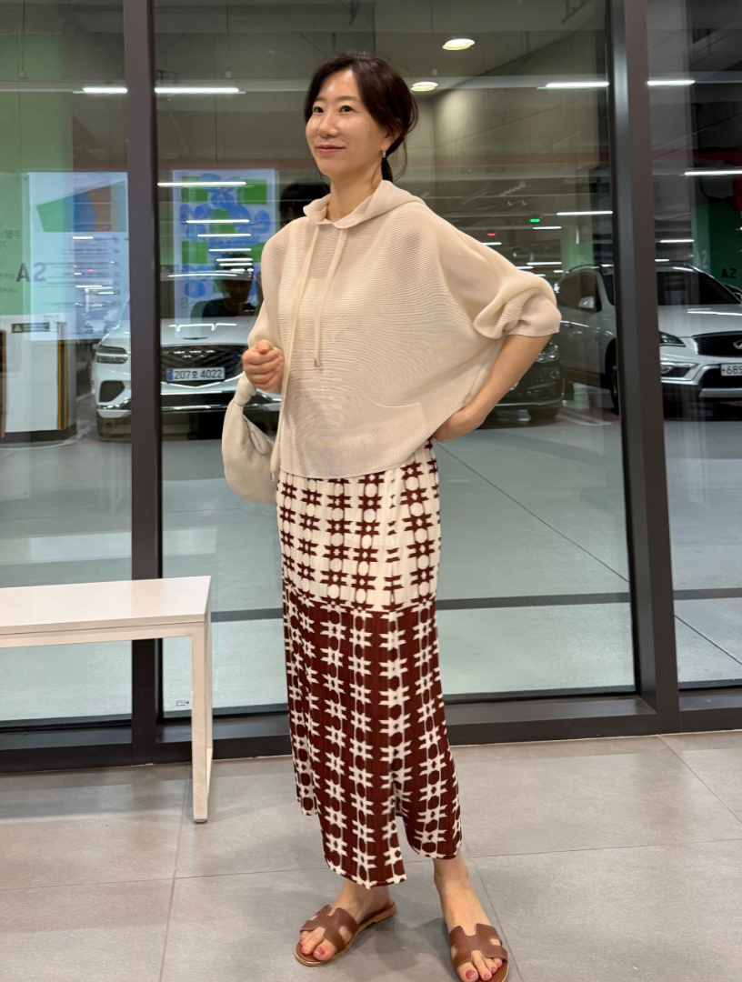 🌺 [88까지가능] 유니크 초코 프린트 플리츠 롱스커트 │ Unique Chocolate Print Pleated Long Skirt with Side Pockets · 체형커버 · 세로주름 · 밴딩허리 · 88까지 추천