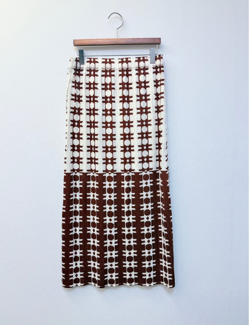 🌺 [88까지가능] 유니크 초코 프린트 플리츠 롱스커트 │ Unique Chocolate Print Pleated Long Skirt with Side Pockets · 체형커버 · 세로주름 · 밴딩허리 · 88까지 추천