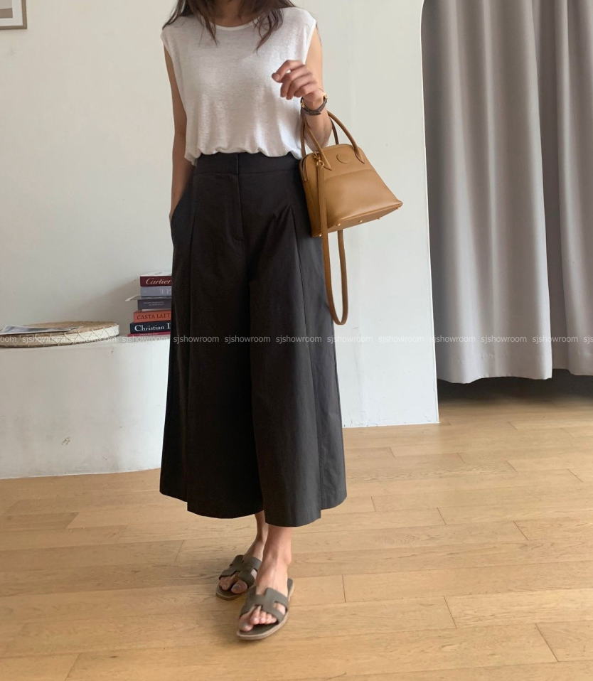 ✨🖤 [66-77초반까지 가능] [데일리템]럭키룸 핀턱 9부 쌍침 와이드팬츠 │ Luckyroom Pintuck Double Stitch Wide Pants