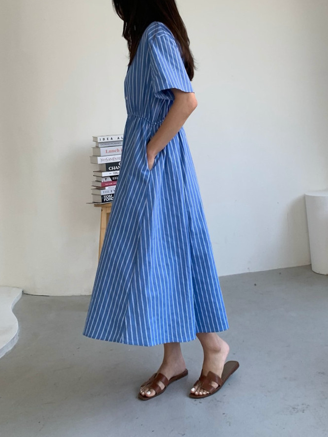 🌿👗 럭키룸 스트라이프 초이스 밴딩 원피스 │ Stripe Waist Elastic Midi Dress │ Easy Daily Feminine Dress