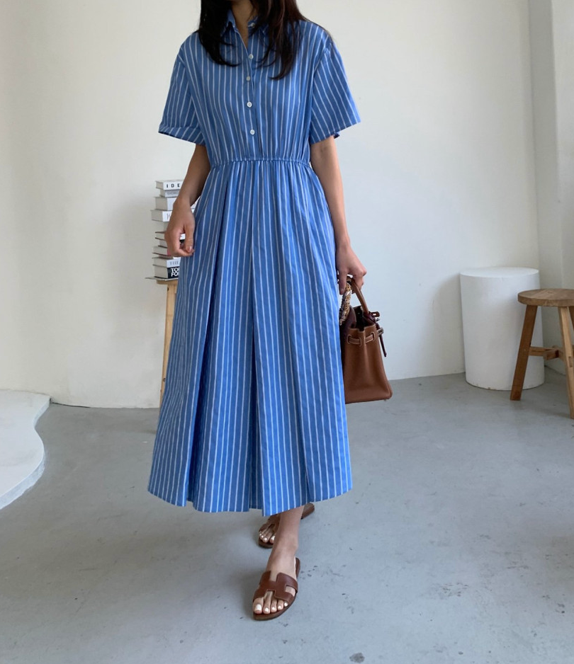 🌿👗 럭키룸 스트라이프 초이스 밴딩 원피스 │ Stripe Waist Elastic Midi Dress │ Easy Daily Feminine Dress
