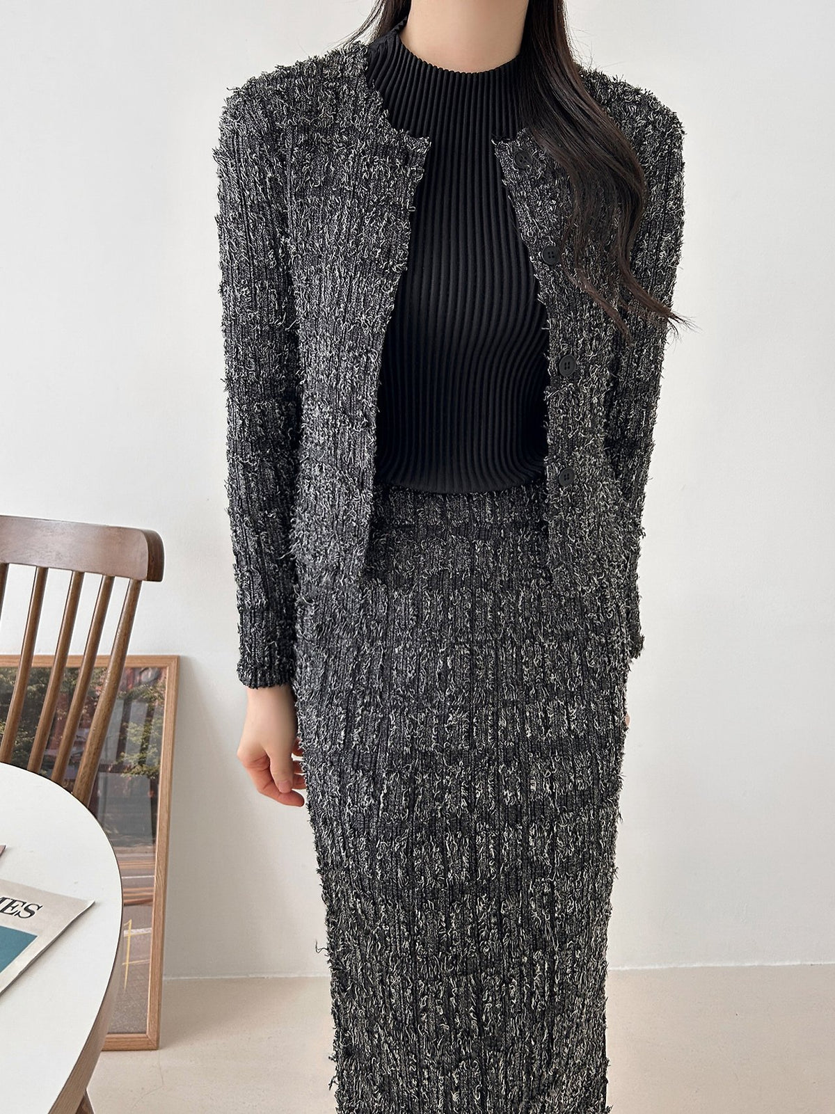 ✨ [플리츠트위드] 고급스러운 텍스처, 플리츠 트위드 자켓 & 스커트 세트 | Pleated Tweed Jacket & Skirt Set