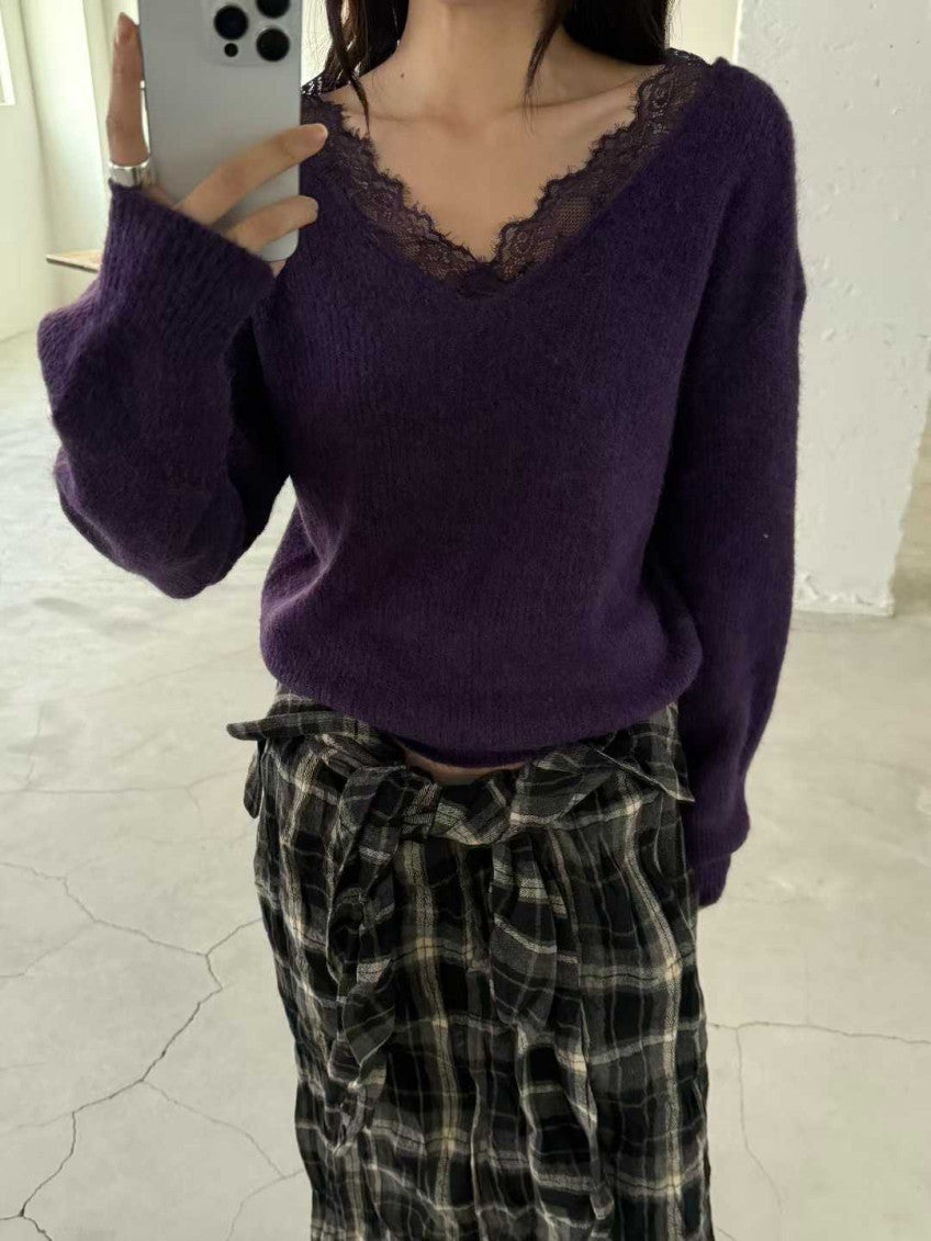 💜 톡시 레이스 V넥 앙고라 니트 | Lace V-Neck Angora Knit