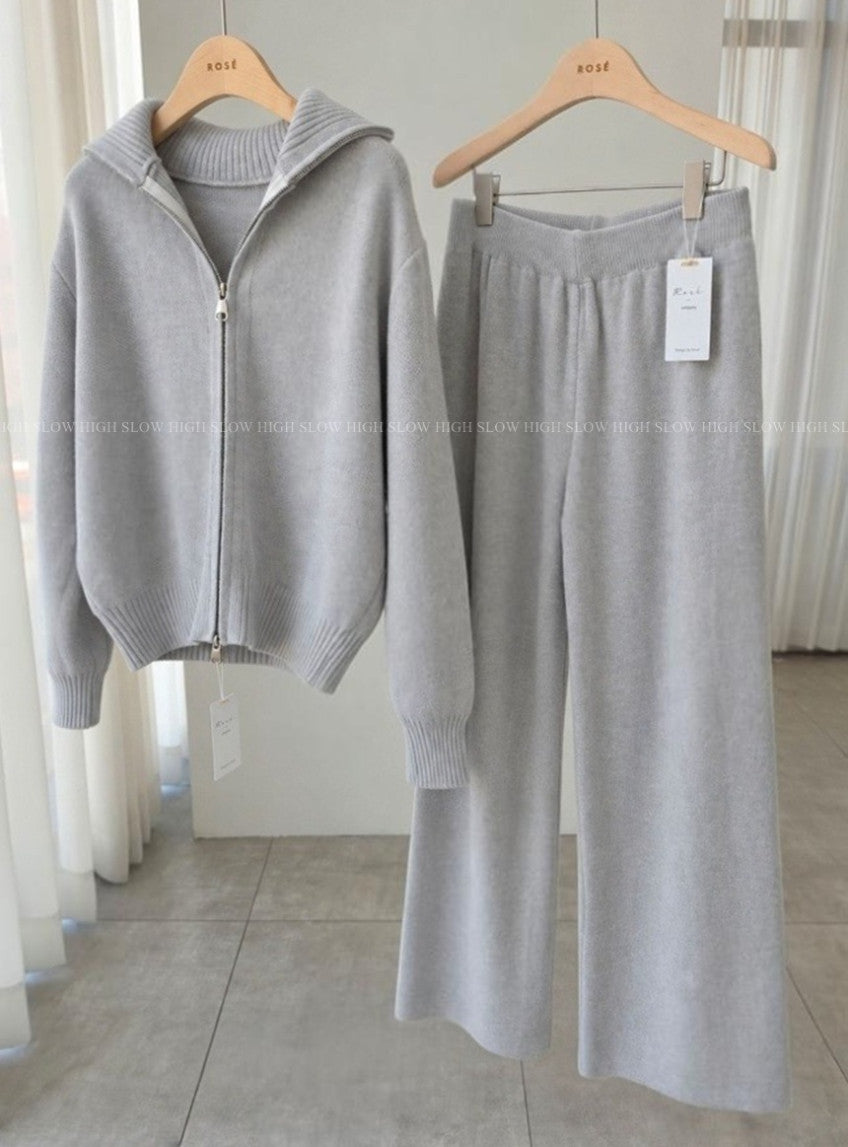 🧶 [로제ROSE] 포근한 라운지 집업 니트 & 와이드 팬츠 세트 | Cozy Knit Zip-Up & Wide Pants Set