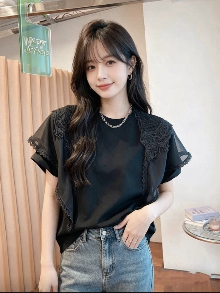 🌿 [리더제이] [44~77까지] 레이스 머플러 포인트 실켓 티셔츠 여성 반팔티 데일리룩 레이어드 티 | Leader J Lace Scarf Point Silket T-Shirt