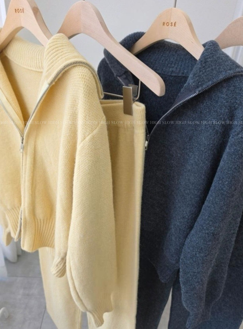 🧶 [로제ROSE] 포근한 라운지 집업 니트 & 와이드 팬츠 세트 | Cozy Knit Zip-Up & Wide Pants Set