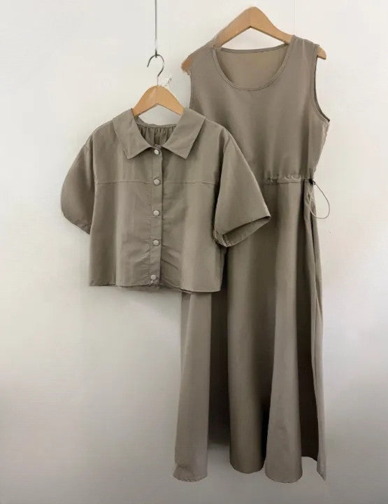 🧸[66반까지 가능] 안나 바스락 원피스 & 크롭자켓 세트 · 투웨이 착용 · 체형커버 · 여름 교회룩 · 데일리룩 | Anna Dress & Jacket Set