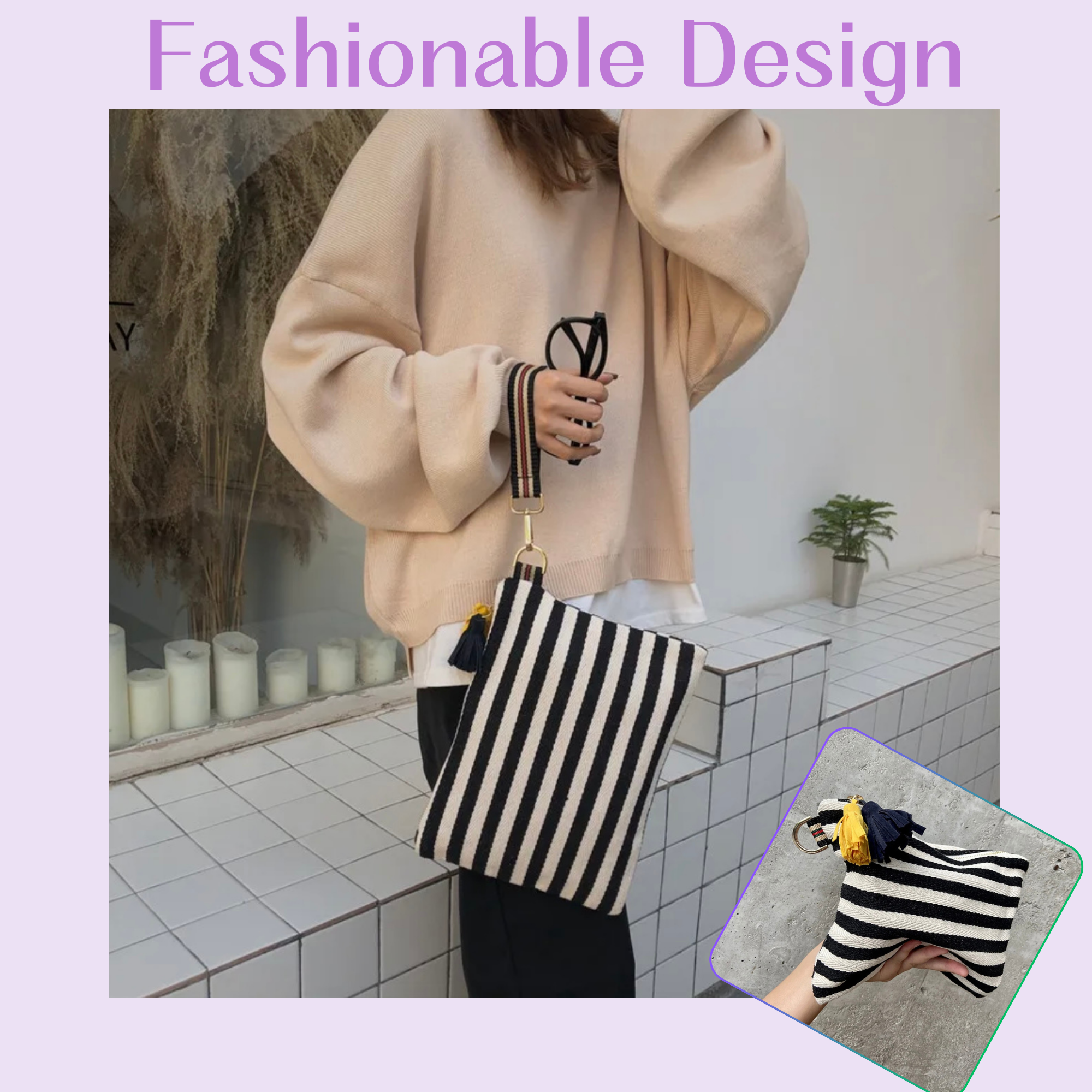 멀티 메이크업 파우치(검정)/ Striped Canvas Multi Pouch – Makeup · Travel · Everyday Organizer(Black)