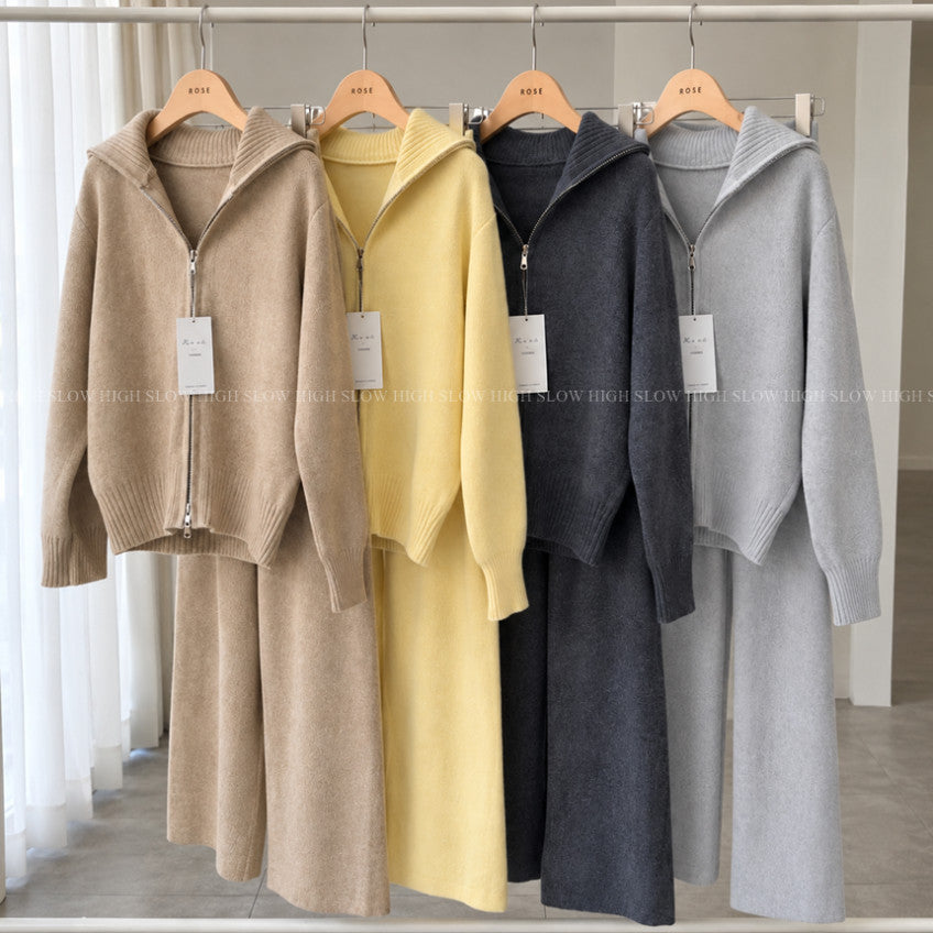 🧶 [로제ROSE] 포근한 라운지 집업 니트 & 와이드 팬츠 세트 | Cozy Knit Zip-Up & Wide Pants Set