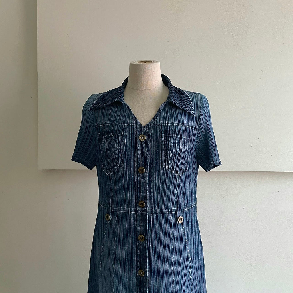 ✨ [44-66반까지예뻐요] 청 플리츠👗 데님 워싱 플리츠 카라 벨트 롱 원피스 | Denim Wash Pleated Collared Belted Long Dress ✨