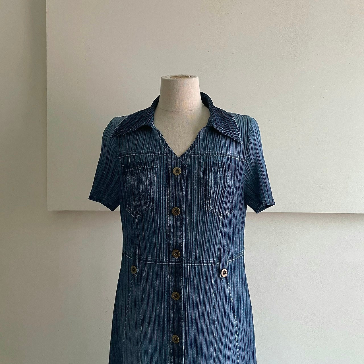 ✨ [44-66반까지예뻐요] 청 플리츠👗 데님 워싱 플리츠 카라 벨트 롱 원피스 | Denim Wash Pleated Collared Belted Long Dress ✨